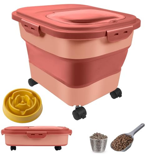 Collapsible Dog Food Storage Container 20-25Lbs Pet Food Storage Containers with Scoop Easy Moving Dog Food Storage Bin with Slow Feeder Bowl (Pink)