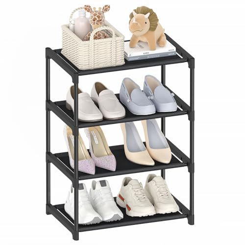 Autonomier 4 Tier Extra Small Shoe Rack (16.3 Wide), Narrow Stackable Kids Toddler Adult Shoe Storage Organizer Shelf for Closet Floor Entryway Bedroom, Space Saver Shoe Rack Organization Shelves