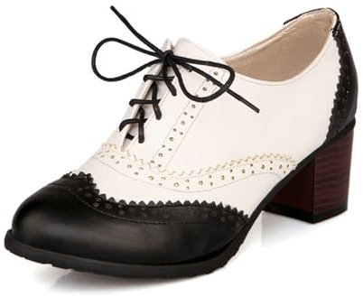 ErikenUrben Damen Vintage Oxfords Pumps Schnüren Blockabsatz Wingtip Schuhe Two Tone Saddle Schuhe Black Große 40 Asiatisch