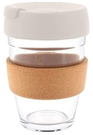 Generic Reusable Glass Coffee Cup/Travel Mug with Lid - Cork Sleeve Surround Heat Resistant Eco Friendly with Cream Plugged Removable Lid 12oz/350ML (Cream)