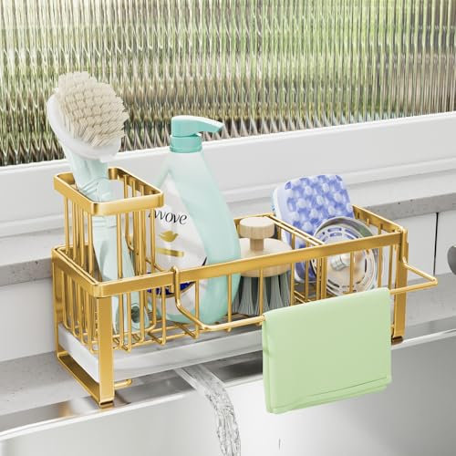 SWTYMIKI Kitchen Sink Caddy Organiser - Sink Tidy Organiser with Auto Draining Tray, Brush Holder, Stainless Steel Sponge Holder with Divider for Countertop Kitchen Storage & Organisation, Gold