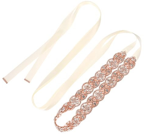 QUARKZMAN Cintura Nuziale con Strass per Abito da Sposa, Cintura a Fascia Per Damigella d'Onore Cristallo a Mano Oro Rosa, Accessori per Abiti Donna con Nastro