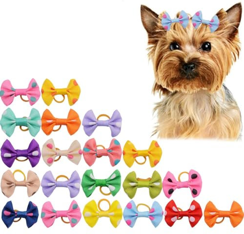 Hunde Haarschmuck, 20 Stück Hundehaarschleifen, Hunde Haarschmuck, Hundehaar-Schleifen mit Gummiband, Haustiere Hundehaare Bögen, für Lange Haare Haustier, mehrfarbig, zufälliger Stil