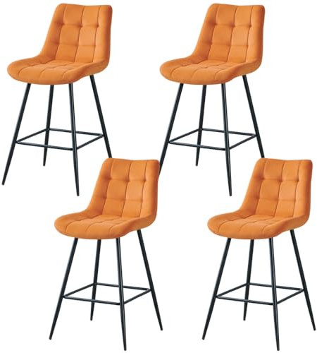 JYMTOM Samt Barhocker 4er Set, Barstühle mit gepolsterten Rückenlehnen und Fußstütze aus Metall, Retro Design Bistrohocker für Bar, Küche, Theke und Bistro (4, Orange)