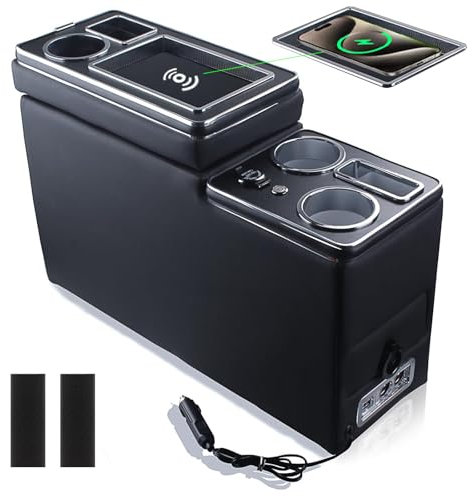 QSULNN Consola central actualizada con carga inductiva inalámbrica, USB y luces LED, compatible con VW T4 T5 T6 T6.1 T7 todos los modelos a partir de 2003 – 2019, caja de almacenamiento para vasos de