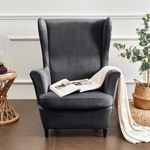 Hixingo Samt 2-Teilig Ohrensessel Überzug, Mit Kissenbezug Sesselbezüge, Abnehmbar Polyester Ohrensessel Bezug, für Wohnzimmer Schlafzimmer Hotel Sesselschoner (Anthrazit-Esche)