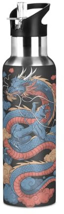Genial Anime Dragón Animal Botella de Agua Deportiva con Pajita Acero Inoxidable, Botellas Termica Sin BPA para Niños Deporte Gimnasio Ciclismo Escuela (600ml/1L)