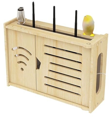 HANSULAN Router WiFi Inalámbrico Caja de Almacenamiento Estante de Madera para Router con Puerta de Armario, Montado en la Pared Caja organizadora de Cables para TV Set-Top-A