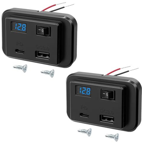Giantdeer 2PCS Presa USB 12V per Auto con Display di Voltmetro a LED, 20W PD + QC3.0 Pannello di Prese Accendisigari per Auto, 12V Presa USB C con Interruttore per Barca Accessori Camper