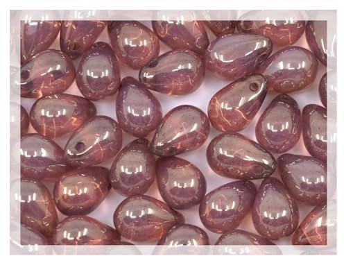 Czech 50-Piece Glass Beads, 6x9mm, Teardrop Opal White Pink Luster (14495)