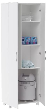 Armario Escobero Multiusos Dos Puertas, Ruedas, Color Blanco (Alto 183 / Ancho 72 / Fondo 41) Cm
