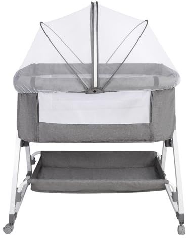 HUOLE 3-i-1 spjälsäng upp till 30 kg, sängsäng, gungbarnsäng, madrass höjdjustering och lutning, 4 hjul med broms, ergonomisk madrass, väska-80 x 40 x 100–115 cm