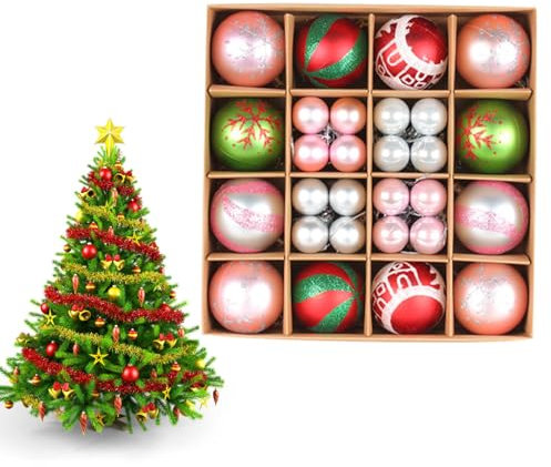 44pcs Christmas Tree Decorations - Red Pink Baubles Xmas Ball Ornaments 3cm 6cm Mini Hanging Ball Plastic Bulbs for Tree, Home Party, Wedding Decor