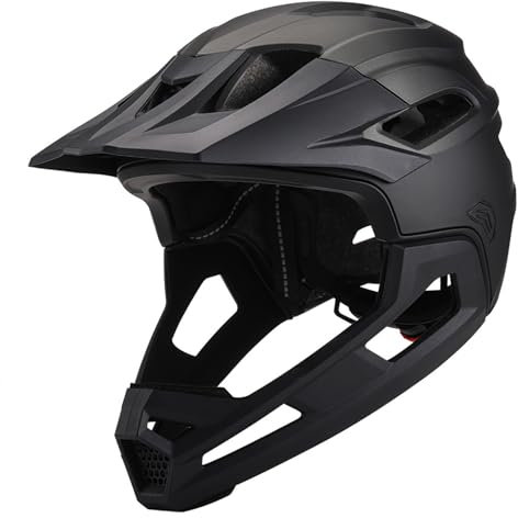 Mountain Bike Helmet Full Face Breathable Shock-Proof PC Full Face Bike Helmet with Detachable Chin Holder & Visor Adjustable Unisex Black Bike Helmet for Biking Outdoor