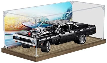 HCAEIOFJ Transparente Acryl-Vitrine für Lego Technic 42111, anwendbar für La Dodge Charger de Dom entworfene Displaybox, Geschenk (nur Vitrine) (Holzboden + Hintergrund)