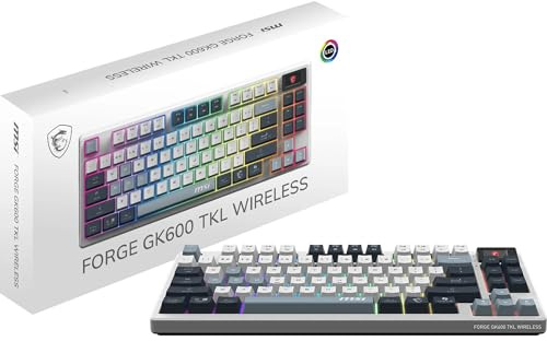 MSI Forge GK600 TKL W Sky US – MECHANISCHE LINEARE SWITCHES, US-Layout, rutschfeste Unterseite, RGB-LED, USB 2.0, Bluetooth, 2,4 GHz – ohne Ziffernblock