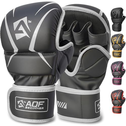AQF Hybrid MMA Gloves for Sparring & Grappling, Open Palm Shooter Design, Enhanced Wrist Support, Shock-Absorbing Padding, Lightweight and Durable for Training, Kickboxing, Muay Thai (Silver, S/M)