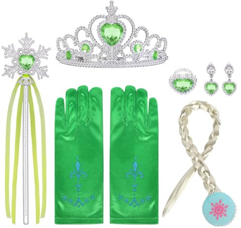 URAQT 6 Pièces Accessoires de Costume Anna avec Couronne, Baguette, Gants, Tresse, Boucles d'Oreilles Vertes et Bague pour Noël, Fêtes d'Anniversaire, Halloween, Noël, Cosplay