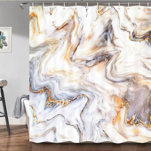 Hopomoon Rideau de Douche Aspect marbre Imprimé Gris doré Luxueux Rideau de Salle de Bain Simple et Moderne de Douche décoratif imperméable 90 x 180 cm avec 12 Crochets