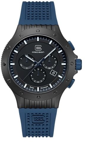 GLOCK Herren Quarz Uhr | 44mm Gehäuse | Armbanduhr mit Schwarzem Titangehäuse | Schwarzem Zifferblatt | Blauem Silikonarmband | 20ATM | GW-27-2-24