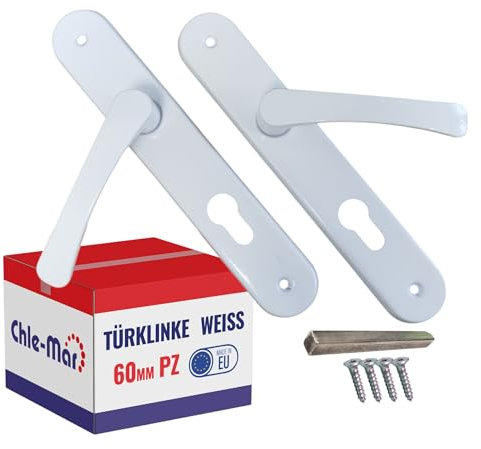 Chle-Mar - Türgriff Drückergarnitur mit Langschild – Weiß / 60 mm/für Zylinderschloss - Langschildgarnitur - Türklinke Set für Innentüren – Türbeschlag – Türgriffe mit Schlossloch – Türgarnitur