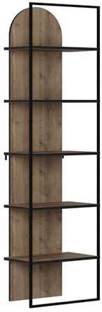 FWStyle Dark Oak Archy Bookcase with Arched Top, Modern Open Display Shelf with Black Metal Frame, Tall Slim Storage Unit for Living Room, Bedroom or Home Office H180cm