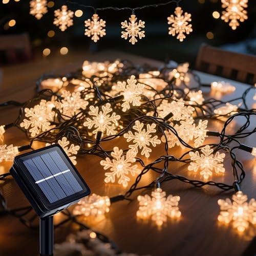 Ninonly Solar Lichterkette Außen, 7m 50 LED Schneeflocke Weihnachtsbeleuchtung Außen, Solar Lichterketten Aussen mit 8 Modi Wasserdicht Weihnachten Deko für Garten Balkon Festival Deko