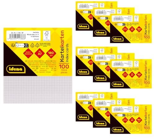 Idena 90360 - Karteikarten A7, 1000 Stück kariert, Lernkarten aus 180 g/m² FSC-Mix Papier in Weiß, für Schule und Büro