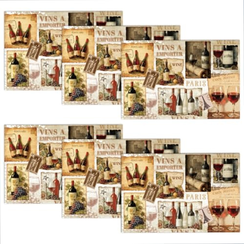 WADORN Juego de 6 manteles individuales vintage de bodega francesa, 17.7 x 11.8 pulgadas, diseño rústico de copa de vino, lavable, mesa de cena para el hogar, cocina, comedor, fiesta, banquete