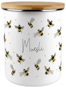 Purely Home Scattered Bees Muesli Canister - Bumblebee Large Enamel Kitchen Food Storage Container/Gifts for Bee Lovers