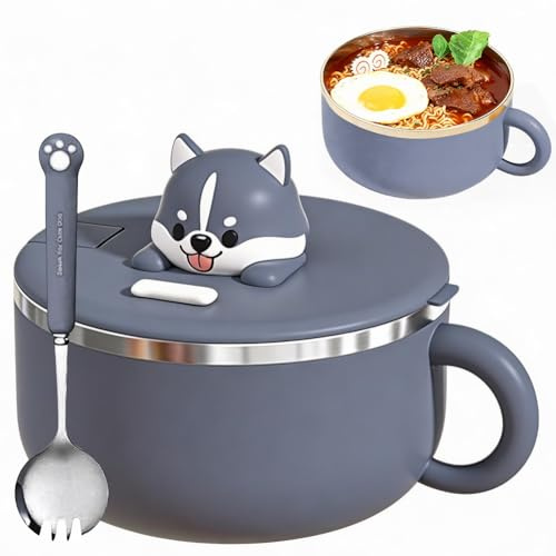 Ramen Schüssel mit Deckel 1200mL, Instant Nudel Schüssel, Ramen Instant Nudeln Bowl Suppenschalen, Ramenschüssel mit Gabel, Ramenbowl Wärmeisolierung Siegel fur Suppe Nudeln Knödel Salate (Graublau)