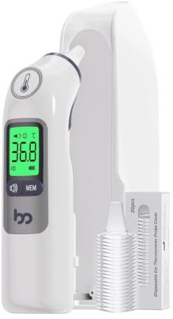 Fieberthermometer Ohr für Erwachsene & Kinder, 1s Ergebnis Hochpräzise Ohrthermometer, 30 Speicher Abrufen, 3-Farben-Fieber-Alarm, mit 21 Einweg-Sonde Abdeckungen & Aufbewahrungsbox (LCD-Dunkelblau)