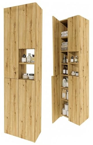 möbelkap Badschrank Hochschrank schmal stehend | Badezimmer Regal mit Stauraum | platzsparender Badezimmerschrank | Standregal Bad in Holzoptik Eiche Artisan