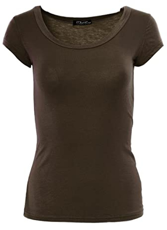 Easy Young Fashion - Damen Basic Rundhals T-Shirt - Kurzarm Unterziehshirt Skinny Fit 1001 - Dunkelbraun L