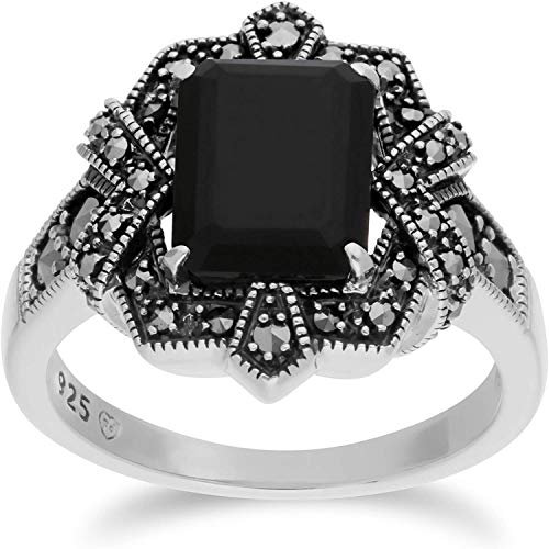Gemondo Schwarzer Onyx Ring, Sterling Silber Schwarz Onyx & Markasit Oktagon Art Déco Ring - schwarzer Onyx