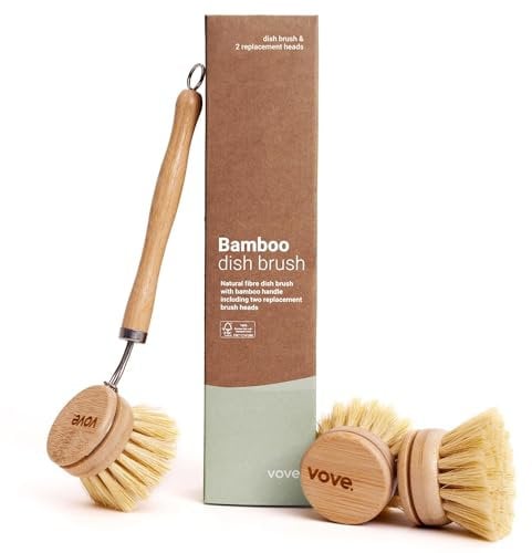 Vove | Bamboo Dish Brush | Long Lasting Brush with 3 Replacement Heads | Natural Bristle | Eco-Friendly | Wooden Dish Brush for Washing and Cleaning Pot Pan Dish Bowl