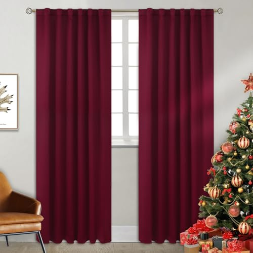 BGment Verdunkelungsvorhänge mit Stangendurchzug und Hinterlasche für Schlafzimmer - Wärmeisolierung Verdunkelungsvorhänge für Wohnzimmer, 2 Fenstervorhänge (132 x 213 cm, Weinrot)