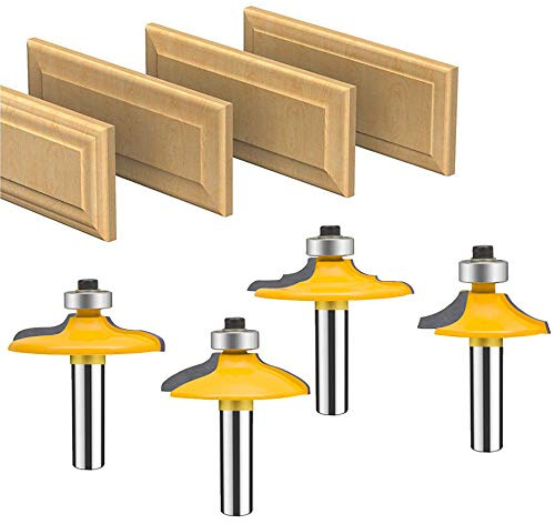 TAIWAIN Router Bit Set 4PCS 1/4 Inch Shank Door&Drawer Front Edging Bits, Miter Frame Crown Molding Wood Milling Cutter Router, Woodworking Miter Carbide CNC Cutting Tool for Woodwork(F-1-4MG)