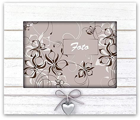 Matches21 Cadre photo en bois avec cadre de portrait horizontal et cœur et nœud en bois Blanc 15 x 20 cm