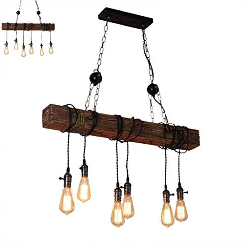 E27 Retro Pendant Lamp Vintage Wood Chandelier Industrial Wrought Iron Pendant Light 6 Flame Height Adjustable Hanging Lamp Lighting Dining Room Living Room Study Kitchen Decoration Hanging Lights