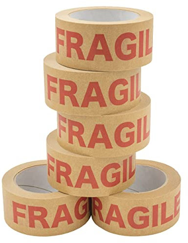 NATEE Strong Paper Packaging Tape | Eco-Friendly | Fully Recyclable | Fragile Printed Kraft Paper for Packing Parcels and Boxes | Brown Paper Packaging for Moving House | 50m x 50mm Width | 6 Rolls