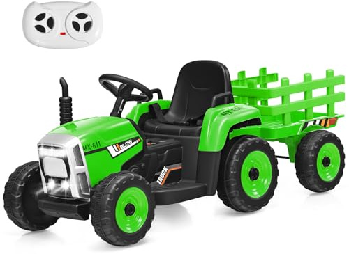 RELAX4LIFE Trattore Elettrico per Bambini 12V con Rimorchio Rimovibile, Telecomandato, 3 Velocità, Luce, Suoni, Musica, Clacson, USB,Portata 30 KG, 3 Anni+, Verde