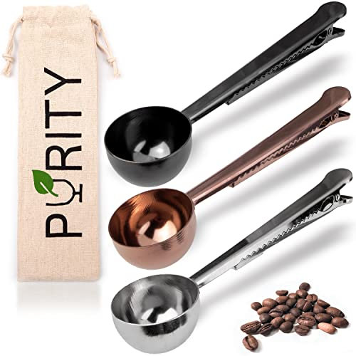 PURITY Edelstahl Messlöffel & Clip für Kaffee, Tee, Pulver - 3er Set mit Stofftasche - Kaffeelöffel, Teelöffel, Dosierlöffel