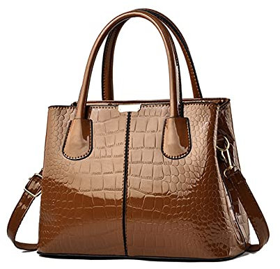 NICOLE & DORIS Handtaschen Damen Mode Krokoprägung Henkeltasche Lackleder Handtasche Shopper Umhängetaschen Damentasche mit Reißverschluss Khaki