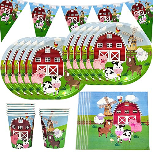 MEZHEN Cow Party Tableware Farm Children's Birthday Decoration Farm Animals Birthday Party Tableware Animals Paper Plates Cups Napkins Party Tableware Set Table Decoration 10 People