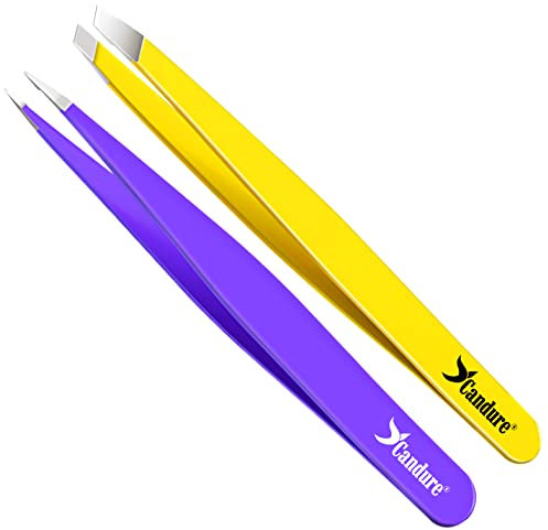 Candure Pince a Epiler Professionnelle Acier Inoxydable Precision Écharde Oblique Pointe Pince à Épiler inclinée Sourcils pour Enlèvement des Poils Incarnés et Cils pour Homme et Femme 2 Pièces