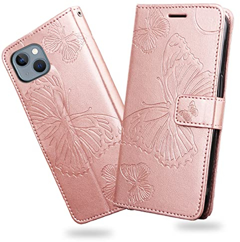 DENDICO Cover per iPhone 13, Portafoglio Custodia in PU Pelle per iPhone 13, Antiurto Cover a Libro con Slot per Carte, Oro Rosa