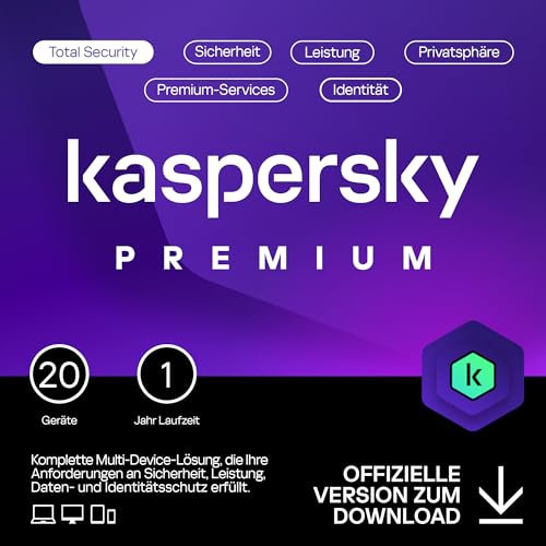 Kaspersky Premium Total Security 2025 | 20 Geräte | 1 Jahr | Anti-Phishing und Firewall | Unbegrenzter VPN | Passwort-Manager | Kindersicherung | 24/7 Unterstützung | PC/Mac/Mobile | Code per Email