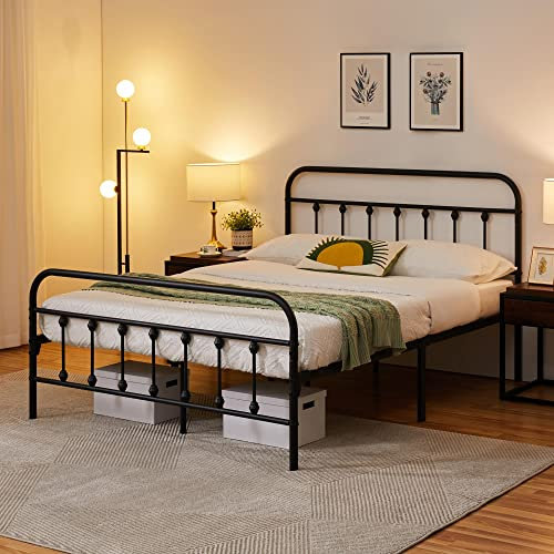 costoffs Metal Bed Frame 4ft6 Double Vintage Iron Platform Bed with High Headboard and Footboard,Black