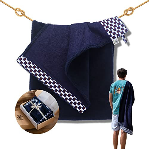 Coffret serviette de bain original et stylé en éponge de bambou premium ultra douce et absorbante confectionné en France avec des matières durables (Ludo Bleu marine)